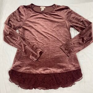 Sundance Mauve Velvet Long Sleeve Top Lace Chiffon Tiered Hem Medium
